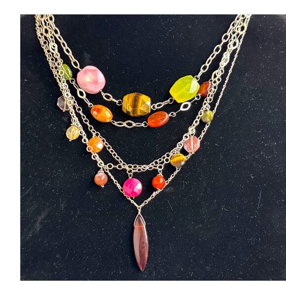 Multi Layered Sterling Silver Bib Necklace Tigers Eye + Colorful Gemstone Beads - Picture 9 of 9